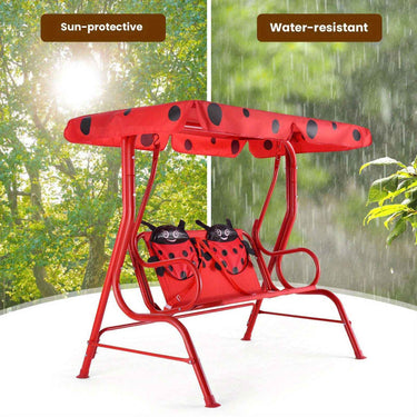 2-Seater Indoor / Outdoor Kids Porch Swing Chair Swing Bench w/ Metal Stand & Adjustable Tilt Canopy Beetle Pattern
